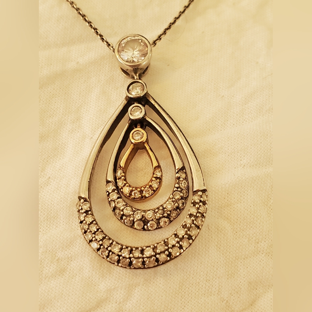 Gold-tone and Silver Two Tone Teardrop Pendant On a .925 Silver Chain Necklace